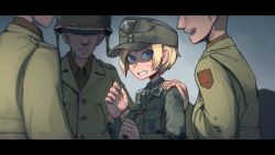 Rule 34 | 1girl, 3boys, :d, blonde hair, blue eyes, breasts, clenched teeth, combat helmet, dirty, dirty face, erica (naze1940), grey sky, grin, hat, helmet, highres, insignia, jacket, letterboxed, leyna koch, military, military jacket, military uniform, multiple boys, open mouth, original, patch, reichsadler, short hair, shoulder patch, sky, smile, soldier, teeth, uniform