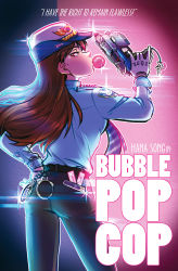 Rule 34 | 1girl, ass, blue shirt, brown eyes, brown hair, blowing bubbles, charm (object), chewing gum, commentary, cuffs, d.va (overwatch), english commentary, english text, epaulettes, facial mark, female service cap, flat ass, from behind, gloves, gun, hand on own hip, handcuffs, handgun, highres, holding, holding gun, holding weapon, long hair, looking back, movie poster, officer d.va, official alternate costume, overwatch, overwatch 1, pants, pinky out, pistol, police, police uniform, shirt, solo, sparkle, sparklenaut, uniform, weapon, whisker markings, white gloves