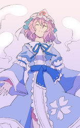Rule 34 | 1girl, belt, blue belt, blue bow, blue dress, blue hat, blue kimono, blue neckwear, blue sleeves, bow, breasts, closed eyes, closed mouth, collar, dress, eyes visible through hair, floral print, flower, frills, ghost, gradient background, hair between eyes, hat, highres, holding, japanese clothes, kimono, long sleeves, medium breasts, mob cap, multicolored background, nayozane (worker7), pink background, pink hair, purple background, saigyouji yuyuko, shadow, short hair, solo, standing, touhou, triangular headpiece, white collar, white flower, wide sleeves