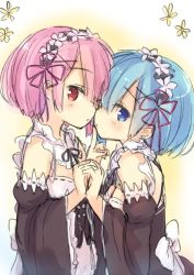 Rule 34 | 10s, 2girls, black ribbon, blue eyes, blue hair, bow, breasts, detached sleeves, finger to mouth, flower, from side, gradient background, hair ornament, hair over one eye, holding hands, looking at viewer, maid, maid headdress, medium breasts, mokoke, multicolored background, multiple girls, neck ribbon, pink hair, profile, ram (re:zero), re:zero kara hajimeru isekai seikatsu, red eyes, rem (re:zero), ribbon, ribbon-trimmed clothes, ribbon trim, short hair, siblings, sisters, twins, upper body, white bow, wide sleeves, x hair ornament, yuri