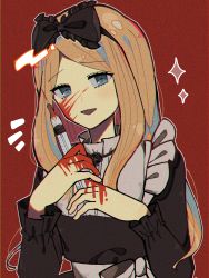 Rule 34 | 1girl, black bow, black dress, blonde hair, blood, blood on face, blood on hands, bloody weapon, blue eyes, blush, bow, chromatic aberration, dress, film grain, frilled sleeves, frills, hair bow, highres, holding, holding syringe, holding weapon, jinrou judgment, long hair, long sleeves, looking at viewer, notice lines, red background, sandra (jinrou judgment), shino8504, simple background, solo, sparkle, syringe, weapon