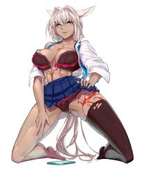 Rule 34 | abs, barefoot, blue eyes, blue neckwear, blue skirt, body markings, breasts, caenis (fate), cameltoe, camera phone, cleft of venus, dark-skinned female, dark skin, fate/grand order, fate (series), hair intakes, highres, large breasts, massive kagawa, muscular, muscular female, nail polish, open clothes, open shirt, pleated skirt, ponytail, ponytail holder, selfie, shirt, single thighhigh, skirt, solo, tattoo, thighhighs, torn clothes, torn thighhighs, underwear, white background, white hair, white nails, white shirt