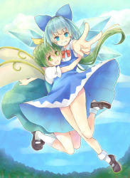 Rule 34 | 2girls, blue eyes, blue hair, bow, cirno, daiyousei, fairy, green eyes, green hair, grin, hair bow, highres, hug, ice, ice wings, leg lift, long hair, mary janes, mimoto (aszxdfcv), multiple girls, shoes, side ponytail, smile, teeth, touhou, v, wings