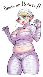Rule 34 | 1girl, bandages, belly, blonde hair, blue eyes, breasts, cleavage, elf-san wa yaserarenai., english text, elfuda (elf-san wa yaserarenai.), fang, food, food on face, highres, large breasts, mummy costume, open mouth, plump, pointy ears, short hair, simple background, smile, solo, synecdoche, thick thighs, thighs, white background