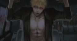 Rule 34 | 1boy, abs, arms up, black coat, blonde hair, car, car interior, chainsaw man, coat, collarbone, dark, denji (chainsaw man), eulbhitomi, highres, looking at viewer, motor vehicle, open clothes, open mouth, short hair, solo