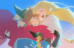 Rule 34 | 1boy, 1girl, :d, black gloves, blonde hair, blush, bracelet, brown hair, carrying, closed eyes, commentary request, day, eyelashes, fingerless gloves, gloves, green headwear, green tunic, grin, hat, hetero, highres, jewelry, link, long hair, long sleeves, nintendo, one eye closed, open mouth, outdoors, pointy ears, princess zelda, shikiri, sky, smile, teeth, the legend of zelda, the legend of zelda: skyward sword, tongue, upper teeth only