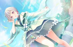 Rule 34 | 1girl, animal print, black skirt, bob cut, butterfly print, cloud, colored inner hair, concrete, diagonal bangs, dutch angle, feet out of frame, frilled skirt, frills, game cg, green kimono, grey hair, hair ornament, hand to head, highres, inverted bob, japanese clothes, kimono, kunpuu no shirabe (love live!), link! like! love live!, looking at viewer, love live!, medium skirt, multicolored hair, official art, open mouth, pleated skirt, red eyes, red hair, see-through, short hair, skirt, sleeveless, sleeveless kimono, smile, solo, streaked hair, third-party source, tree, virtual youtuber, yugiri tsuzuri