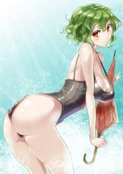 Rule 34 | 1girl, alternate costume, ass, back, black one-piece swimsuit, blush, breasts, casual one-piece swimsuit, closed mouth, closed umbrella, cowboy shot, day, female focus, flat ass, from side, gradient background, green hair, holding, holding umbrella, kazami yuuka, kazo (kazozakazo), large breasts, leaning forward, light rays, light smile, looking at viewer, looking back, one-piece swimsuit, outdoors, pale skin, parasol, red eyes, short hair, sky, smile, solo, sparkle, splashing, strap gap, sunbeam, sunlight, swimsuit, taut clothes, taut swimsuit, thighs, touhou, umbrella, water, wavy hair