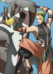 Rule 34 | 1boy, abs, absurdres, achilles (fate), achilles (fearless diver) (fate), arm above head, arm up, armband, black footwear, black shirt, blue background, clothes around waist, creatures (company), crossover, fate/grand order, fate (series), game freak, gen 8 pokemon, goggles, goggles on head, grey hair, haruakira, highres, jacket, jacket around waist, large pectorals, legendary pokemon, male focus, muscular, muscular male, nintendo, orange pants, outstretched arm, pants, pectorals, pokemon, pokemon (creature), shirt, short hair, simple background, standing, standing on one leg, urshifu