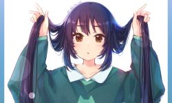 Rule 34 | 1girl, :o, atu, black hair, brown eyes, casual, collared shirt, commentary request, green sweater, hands up, holding, holding own hair, k-on!, lens flare, light blush, long hair, long sleeves, looking at viewer, nakano azusa, parted lips, partial commentary, shirt, simple background, solo, sweater, twintails, twitter username, upper body, white background, white shirt, wide sleeves