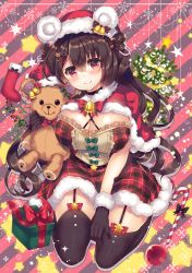 Rule 34 | 1girl, animal ears, animal hat, bear ears, bear hat, blush, bow, box, breasts, brown hair, brown thighhighs, candy, candy cane, capelet, christmas, christmas stocking, christmas tree, cleavage, closed mouth, commentary request, diagonal stripes, double bun, dress, food, fur-trimmed capelet, fur-trimmed dress, fur-trimmed headwear, fur trim, garter straps, gift, gift box, hair between eyes, hair bun, hat, highres, hugging object, large breasts, long hair, looking at viewer, original, plaid, plaid dress, red bow, red capelet, red dress, red eyes, red hat, santa hat, side bun, smile, solo, star (symbol), striped, striped background, stuffed animal, stuffed toy, suzunone rena, teddy bear, thighhighs, very long hair