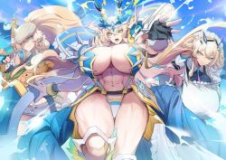 Rule 34 | 3girls, abs, apron, arm guards, armor, barghest (fate), barghest (swimsuit archer) (fate), biceps, black dress, black gloves, blonde hair, blue sky, bracelet, breasts, cleavage, collared dress, curvy, dress, fate/grand order, fate (series), faulds, fingerless gloves, gloves, green eyes, grey headwear, grey skirt, gun, hat, heterochromia, high ponytail, highres, horns, huge breasts, jewelry, long hair, long sleeves, looking at viewer, maid, maid headdress, medium hair, midriff, miniskirt, multicolored clothes, multicolored swimsuit, multiple girls, multiple persona, muscular, muscular female, navel, neckerchief, no-kan, open mouth, outstretched arm, pauldrons, pencil skirt, red eyes, shirt, short sleeves, shoulder armor, sidelocks, skirt, sky, slingshot swimsuit, smile, swimsuit, thick thighs, thighs, tied shirt, weapon, white apron, yellow gloves, yellow shirt