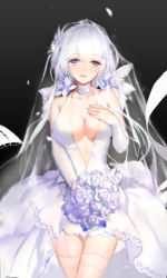 Rule 34 | 1girl, :d, azur lane, black footwear, boots, bouquet, breasts, bridal veil, cleavage, collarbone, cowboy shot, detached sleeves, diadem, dress, flower, garter straps, hair ornament, hair ribbon, highres, holding, holding bouquet, illustrious (azur lane), illustrious (morning star of love and hope) (azur lane), jewelry, large breasts, long hair, looking at viewer, open mouth, ornate ring, purple eyes, ribbon, ring, short dress, silver hair, simple background, sleeveless, sleeveless dress, smile, solo, standing, swd3e2, thighhighs, veil, wedding dress, wedding ring, white flower, white ribbon, white thighhighs