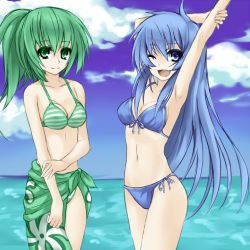Rule 34 | 2girls, armpits, arms up, bikini, blue eyes, blue hair, blue sky, breasts, collarbone, duel monster, eria the water charmer, front-tie top, green eyes, green hair, long hair, looking at viewer, multiple girls, navel, ocean, one eye closed, open mouth, ponytail, side-tie bikini bottom, sky, smile, swimsuit, very long hair, water, wink, wynn the wind charmer, yu-gi-oh!, yu-gi-oh! duel monsters