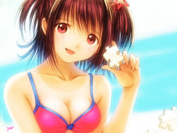 Rule 34 | 1girl, artist request, bikini, blush, breasts, brown hair, cleavage, collarbone, hair ornament, holding, jigsaw puzzle, large breasts, looking at viewer, open mouth, pink bikini, pink eyes, puzzle, puzzle piece, short hair, smile, star (symbol), star hair ornament, swimsuit, twintails, upper body
