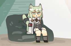 1girl arknights cat_girl chibi commentary couch green_eyes green_hair harmonie_(arknights) highres lcron manatsu_no_yo_no_inmu meme parody sitting smile solo triangle_mouth yjsnpi_interview_(meme)