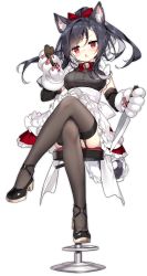 Rule 34 | 1girl, animal ears, animal hands, azur lane, black footwear, black garter straps, black hair, box, breasts, brown thighhighs, chocolate making, crossed legs, dress, garter straps, gift, high heels, highres, lace, lace-trimmed legwear, lace trim, long hair, looking at viewer, official alternate costume, official art, red eyes, saru, shigure (azur lane), shigure (lucky chocolate) (azur lane), shoes, simple background, sitting, small breasts, solo, thighhighs, transparent background, white dress
