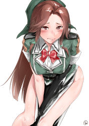 Rule 34 | 1girl, absurdres, ass, black gloves, blush, bow, bowtie, brown eyes, brown hair, commentary request, cosplay, cowboy shot, elbow gloves, embarrassed, gloves, green ribbon, hair intakes, hair ribbon, half updo, highres, iapoc, jintsuu (kancolle), kantai collection, long hair, looking at viewer, pelvic curtain, red bow, red bowtie, ribbon, short sleeves, signature, simple background, single glove, solo, tearing up, thighs, tone (kancolle), tone (kantai collection) (cosplay), white background