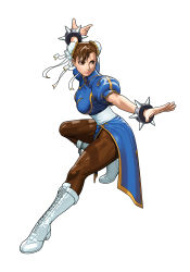 Rule 34 | 1girl, absurdres, boots, bracelet, breasts, brown eyes, brown hair, bun cover, capcom, china dress, chinese clothes, chun-li, double bun, dress, female focus, full body, hair bun, highres, jewelry, mori toshiaki, official art, pantyhose, short hair, short sleeves, simple background, solo, spiked bracelet, spikes, street fighter, tatsunoko vs capcom, white background