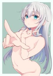 Rule 34 | 1girl, areola slip, blue eyes, blurry, blush, breasts, censored, censored nipples, completely nude, convenient arm, convenient censoring, depth of field, foreshortening, green background, hair between eyes, hibiki, hibiki (kancolle), highres, kantai collection, long hair, myht, navel, nude, outside border, pointing, pointing at viewer, silver hair, simple background, small breasts, solo, standing, very long hair