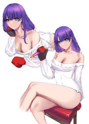 Rule 34 | 1girl, bare shoulders, blue eyes, blunt bangs, blush, breasts, cleavage, collarbone, crossed legs, fate/grand order, fate (series), highres, large breasts, long hair, long sleeves, looking at viewer, martha (fate), martha (santa) (fate), mittens, multiple views, off shoulder, purple hair, shirt, sitting, smile, thighs, white shirt, yand