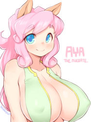 Rule 34 | animal ears, arms at sides, bare arms, blue eyes, blush, breasts, cleavage, closed mouth, covered erect nipples, curly hair, dress, green dress, highres, huge breasts, long hair, looking at viewer, nestkeeper, original, pink hair, revealing clothes, simple background, sleeveless, smile, swept bangs, upper body, white background