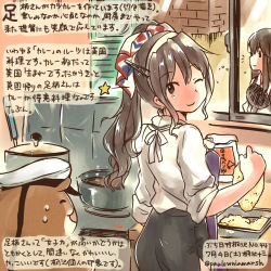 Rule 34 | 10s, 2girls, admiral (kancolle), akagi (kancolle), animal, ashigara (kancolle), black skirt, brown eyes, brown hair, commentary request, cooking, dated, fake horns, hamster, horned headwear, horns, kantai collection, kirisawa juuzou, long hair, multiple girls, muneate, non-human admiral (kancolle), one eye closed, skirt, smile, traditional media, translation request, twitter username, wavy hair, window
