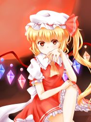 Rule 34 | 1girl, ascot, blonde hair, blood on hands, bow, elbow rest, expressionless, fingernails, flandre scarlet, hand on own face, hand on own knee, hat, hat ribbon, highres, knee up, looking at viewer, mob cap, moon, puffy short sleeves, puffy sleeves, red eyes, red moon, ribbon, short hair, short sleeves, side ponytail, sitting, skirt, skirt set, tengxiang lingnai, touhou, wings