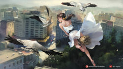 Rule 34 | 1girl, barefoot, bird, broom, broom riding, brown hair, building, city, cityscape, commentary, day, dress, earrings, english commentary, flock, flying, from behind, g-tz, hair ribbon, highres, jewelry, long hair, mole, mole under eye, original, outdoors, patreon logo, patreon username, ponytail, ribbon, soles, solo, strap slip, sunlight, tree, watermark, web address, white dress, yellow ribbon, youtube logo, youtube username