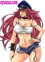 Rule 34 | 1girl, big hair, blue eyes, blue shorts, breasts, cleavage, cuffs, denim, denim shorts, final fight, handcuffs, hat, jewelry, large breasts, long hair, navel, oyaman, peaked cap, pink hair, poison (final fight), short shorts, shorts, solo, street fighter, tank top