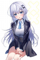 Rule 34 | 1girl, :o, black jacket, black skirt, blazer, blue eyes, blue necktie, breasts, collared shirt, commentary request, feet out of frame, grey hair, gyozanuko, hair between eyes, hair ornament, head tilt, highres, jacket, large breasts, long hair, looking at viewer, necktie, open clothes, open jacket, original, parted lips, pleated skirt, shirt, sitting, skirt, solo, textless version, translation request, very long hair, white shirt, x hair ornament
