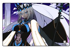 Rule 34 | 1girl, black dress, black gloves, blue dress, blue eyes, blue sky, braid, breasts, cleavage, covered navel, crown, dress, fate/grand order, fate (series), french braid, gloves, gradient sky, grey hair, hacco mayu, large breasts, long hair, long sleeves, looking at viewer, morgan le fay (fate), morgan le fay (queen of winter) (fate), pillar, ponytail, purple sky, sidelocks, sky, solo, spikes, staff, stole, two-tone dress, veil, very long hair, wide sleeves