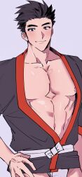 Rule 34 | 1boy, abs, absurdres, alternate costume, bara, blush, cowboy shot, doku (hitori ox), fundoshi, happi, highres, japanese clothes, large pectorals, long sideburns, looking at viewer, male focus, muscular, muscular male, nipple slip, nipples, pectoral cleavage, pectorals, protagonist 3 (housamo), short hair, sideburns, smile, solo, stomach, thick eyebrows, tokyo houkago summoners
