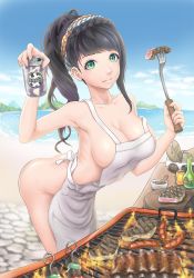 Rule 34 | 1girl, apron, aqua eyes, ass, bad id, bad pixiv id, bare shoulders, beach, black hair, blue sky, bottle, braid, bread, breasts, butt crack, can, cleavage, cloud, collarbone, cooking, crown braid, cutting board, day, drink can, eyelashes, fire, food, fork, green eyes, grill, grilling, hairband, highres, holding, holding can, holding fork, kebab, large breasts, leaning forward, long hair, looking at viewer, makeup, mascara, meat, naked apron, ocean, original, outdoors, ponytail, sausage, sideboob, sidelocks, skewer, sky, smile, soda can, solo, standing, steak, strap slip, zhean li
