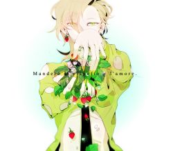 Rule 34 | 1boy, asymmetrical bangs, blonde hair, clothing cutout, covered mouth, earrings, eyes visible through hair, flower, food, food-themed earrings, food themed earrings, fruit, hands up, holding, holding plant, italian text, jewelry, jojo no kimyou na bouken, long hair, looking at viewer, male focus, nail polish, nakano en, necktie, pannacotta fugo, petals, plant, solo, stomach cutout, strawberry, strawberry blossoms, strawberry earrings, translation request, vento aureo, white background, yellow eyes