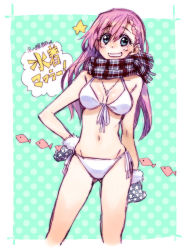Rule 34 | 1girl, bad id, bad pixiv id, bare shoulders, bikini, blue eyes, blush, braid, breasts, cleavage, gloves, green background, grin, hand on own hip, highres, jewelry, long hair, looking at viewer, mittens, navel, necklace, original, pink hair, polka dot, polka dot background, scarf, shell, smile, solo, star (symbol), swimsuit, takanashi ringo, white bikini