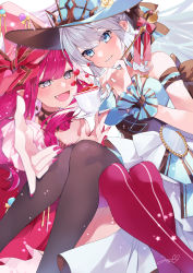 Rule 34 | 2girls, absurdres, bare shoulders, black bow, blue eyes, blush, bow, braid, breasts, cleavage, dress, earrings, baobhan sith (fate), baobhan sith (valentine witches) (fate), fate/grand order, fate (series), french braid, grey eyes, grey hair, hair bow, hat, highres, jewelry, large breasts, long hair, looking at viewer, misaki346, morgan le fay (fate), morgan le fay (valentine witches) (fate), multiple girls, open mouth, pink hair, pointy ears, ponytail, sidelocks, smile, tiara, very long hair, witch hat