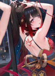 Rule 34 | 1girl, arms up, aze not bald, back tattoo, backless dress, backless outfit, bare arms, bare back, bare shoulders, bell, black hair, blurry, blurry background, breasts, commentary, dress, english commentary, hands on own head, highres, honkai: star rail, honkai (series), jingle bell, long hair, looking at viewer, looking back, nail polish, parted lips, red eyes, red nails, sideboob, smile, solo, sparkle (honkai: star rail), tattoo, upper body, very long hair