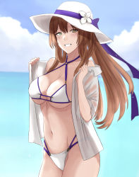 Rule 34 | 1girl, bare shoulders, bikini, blush, breasts, cleavage, clothes pull, collarbone, cyka, feet out of frame, flower, girls&#039; frontline, green eyes, hat, hat flower, hat ribbon, highres, holding, holding clothes, holding shirt, long hair, looking at viewer, medium breasts, navel, official alternate costume, open mouth, orange hair, purple ribbon, ribbon, shirt, shirt pull, simple background, solo, springfield (girls&#039; frontline), springfield (stirring mermaid) (girls&#039; frontline), standing, swimsuit, white bikini, white hat, white shirt