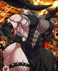 Rule 34 | 1girl, absurdres, bare shoulders, breasts, choker, covered erect nipples, curvy, earrings, elbow gloves, female focus, fishnets, gloves, green hair, hand on own hip, hat, highres, huge breasts, jewelry, lipstick, long hair, looking at viewer, makeup, muscular, muscular female, niijima sae, osmar-shotgun, persona, persona 5, sideboob, solo, sun hat, thick thighs, thighs, wide hips, yellow eyes