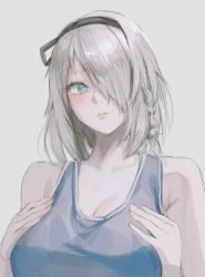 Rule 34 | 1girl, bare shoulders, blue eyes, blush, braid, breasts, cleavage, copyright request, grey background, grey hair, hair over one eye, hands up, head tilt, highres, large breasts, looking at viewer, medium hair, noccu, one eye covered, parted lips, side braid, simple background, solo, upper body