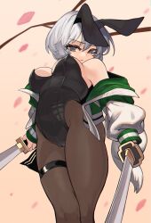 Rule 34 | 1girl, animal ears, black leotard, black pantyhose, breasts, cleavage, closed mouth, commentary request, feet out of frame, grey eyes, grey hair, highres, holding, holding sword, holding weapon, konpaku youmu, large breasts, leotard, looking at viewer, multiple swords, pantyhose, petals, pink background, playboy bunny, qwas69, rabbit ears, short hair, solo, sword, thigh strap, touhou, weapon
