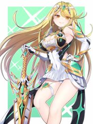 Rule 34 | 1girl, aegis sword (xenoblade), bare legs, bare shoulders, blonde hair, breasts, chest jewel, cleavage, cleavage cutout, clothing cutout, dress, earrings, elbow gloves, gloves, headpiece, highres, hiruclimbing, jewelry, large breasts, long hair, mythra (xenoblade), short dress, solo, swept bangs, thigh strap, tiara, very long hair, white dress, white gloves, xenoblade chronicles (series), xenoblade chronicles 2, yellow eyes