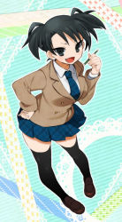 Rule 34 | 1girl, :d, agemono, black eyes, black hair, black thighhighs, blush, fang, hand on own hip, loafers, looking at viewer, necktie, open mouth, original, pencil, school uniform, shoes, short hair, short twintails, skirt, smile, solo, thighhighs, twintails, zettai ryouiki