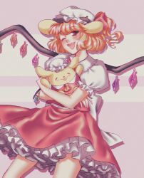 Rule 34 | 1980s (style), 1girl, animal, animal hug, ascot, back bow, blonde hair, bow, cowboy shot, crystal, fang, flandre scarlet, frilled shirt collar, frilled skirt, frilled sleeves, frills, happy, hat, highres, large bow, looking at viewer, medium hair, mob cap, multicolored wings, oldschool, one eye closed, one side up, open mouth, orz (kagewaka), petticoat, pompompurin, puffy short sleeves, puffy sleeves, red eyes, red skirt, red vest, retro artstyle, sanrio, shirt, short sleeves, simple background, skirt, teeth, touhou, upper teeth only, vest, white bow, white headwear, white shirt, wings, yellow ascot