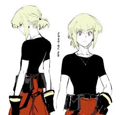 Rule 34 | 1boy, androgynous, black gloves, black shirt, earrings, frown, gloves, green hair, hand on own hip, hanezo, highres, jewelry, lio fotia, looking at viewer, male focus, multiple views, necklace, pants, promare, raised eyebrow, red pants, shirt, short hair, sidelocks, simple background, single earring, white background