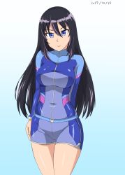 Rule 34 | 1girl, aoi misa, black hair, blue eyes, blush, bodysuit, breasts, closed mouth, collarbone, covered navel, dated, diving suit, gradient background, highres, kandagawa jet girls, large breasts, long hair, looking at viewer, rururu ichigo, shiny clothes, shiny skin, shorts, simple background, solo, standing, wetsuit