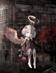 Rule 34 | 1girl, ahoge, aiu ., angel, angel wings, bad id, bad pixiv id, bandaged leg, bandages, bare shoulders, barefoot, black bow, blood, blood on clothes, blood on leg, blood on wall, bloody wings, bow, box, brick wall, cardboard box, choker, dark, dress, empty eyes, expressionless, grey dress, grey eyes, grey hair, hair between eyes, hair bow, halo, highres, holding, indoors, industrial pipe, looking at viewer, no nose, original, resolution mismatch, ribbon, short hair, signature, single wing, sitting, solo, source larger, tears, white hair, wings
