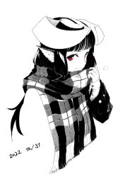 Rule 34 | 1girl, animal ears, blunt bangs, closed mouth, commentary request, dated, fringe trim, hand up, highres, horns, jaco, long hair, long sleeves, looking at viewer, monochrome, original, plaid, plaid scarf, puffy long sleeves, puffy sleeves, red eyes, scarf, simple background, sleeves past wrists, smile, solo, spot color, white background, wide sleeves