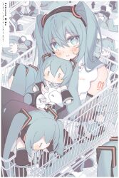 Rule 34 | 1girl, aqua eyes, aqua hair, arm tattoo, bare shoulders, blush, border, character doll, character name, closed mouth, commentary, detached sleeves, doll, feet out of frame, hair between eyes, hair ornament, hairband, hatsune miku, hatsune miku (nt), highres, holding, holding doll, in shopping cart, irodt, knees up, long hair, looking at viewer, number tattoo, piapro, shirt, shopping cart, sitting, sleeveless, sleeveless shirt, sleeves past wrists, solo, symbol-only commentary, tattoo, twintails, twitter username, vocaloid, white border, white shirt
